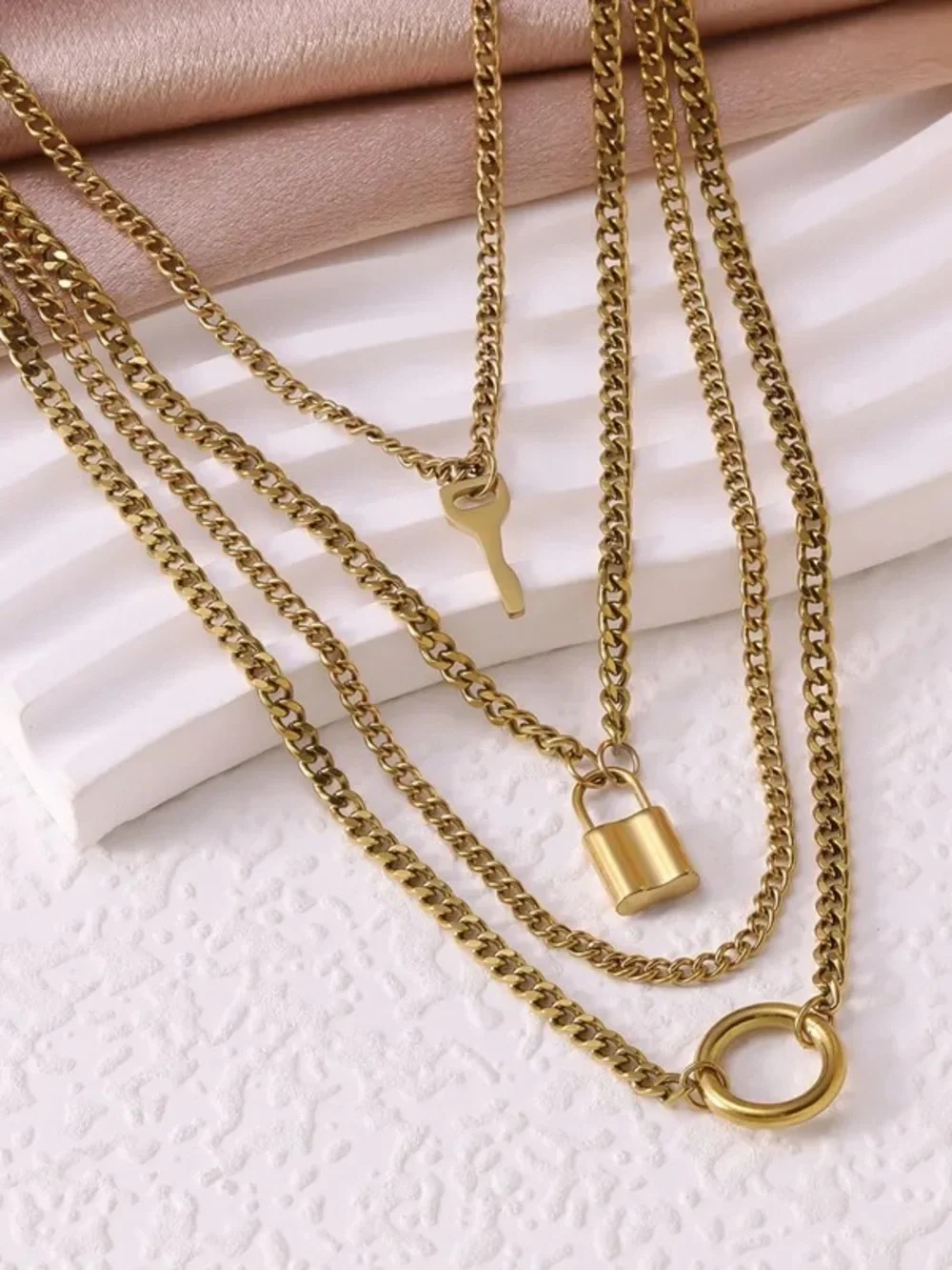 Gold Layered Padlock & Key Multi-Strand Necklace - Women Jewelry